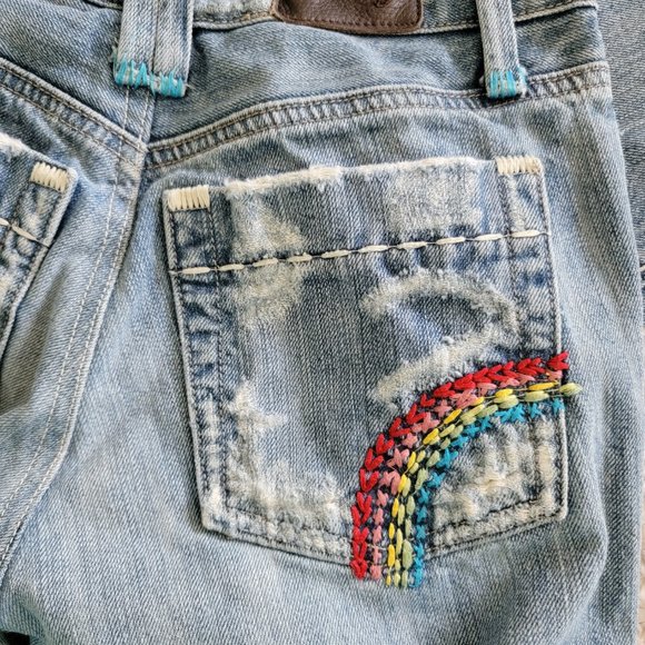 X-Ray Rainbow Embroidered Distressed Flare Denim Jeans - Picture 9 of 16